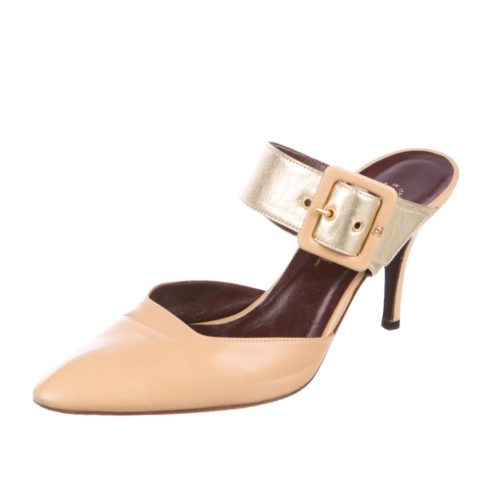 Chanel tan color leather buckle mules. Size 6.5/ IT 37.5